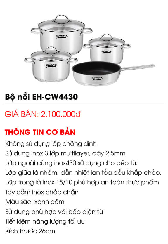 Bộ nồi inox Chef's EH-CW4430 combo 201