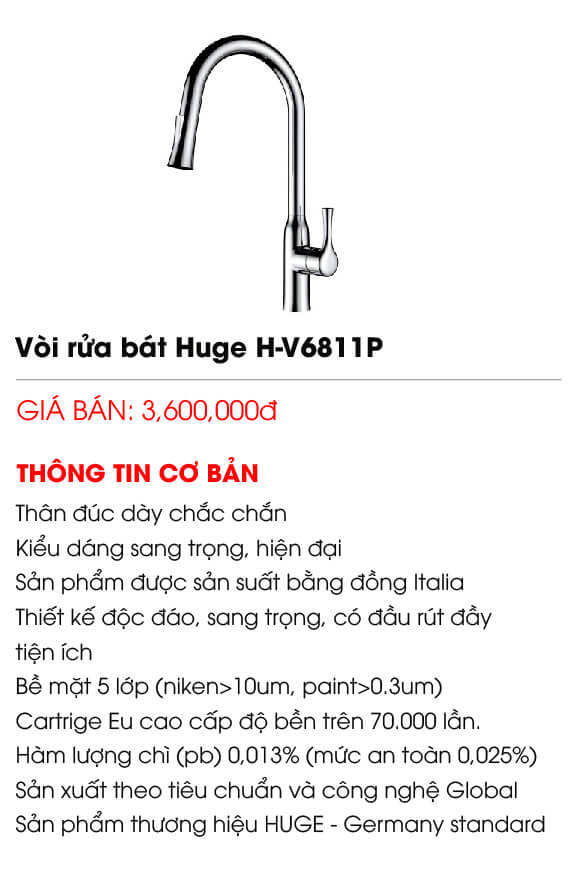 Vòi rửa bát Huge H-V6811P combo 410