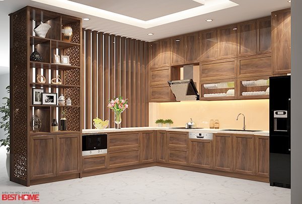 Phong cách thiết kế tủ bếp chữ L có tủ rượu – Gỗ óc chó